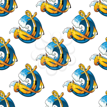 Nautical themed background seamless pattern with a curling blue wave and intertwined golden ships anchor