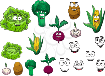 Fresh grocery vegetables set with a lettuce, broccoli, potato, garlic, beetroot and corn on the cob all with happy smiling cartoon faces