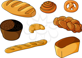 Assorted fresh cartoon bakery set with a crusty baguette, Danish pastry, pretzel, muffin, croissant, plaited loaf, white bread and roll, vector illustration on white