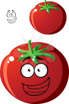 Ripe red cartoon tomato with a happy smiling face and colorful green stalk with a second variation without a face, isolated on white