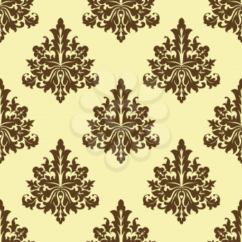 Seamless brown colored floral arabesque pattern in damask style motifs suitable for wallpaper, tiles and fabric design isolated over beige colored background