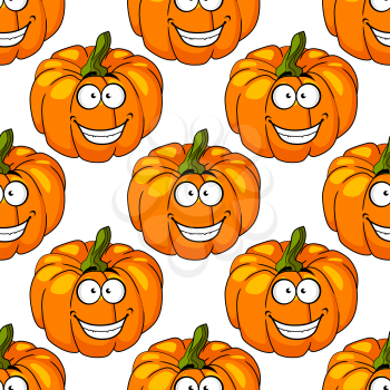 Happy smiling colorful fresh pumpkin with a cute grin and green stalk in a seamless background pattern for agriculture or halloween design