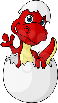 Cute little red dinosaur hatching from an egg waving its hand and smiling, cartoon style