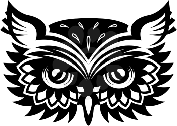Black and white wise old horned owl head with big eyes and feather for mascot or tattoo design