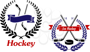 Hockey and Ice Hockey emblems or symbols with crossed sticks in a laurel wreath, one with the word - Hockey - below and one with a puck and text - Ice Hockey - in a ribbon banner