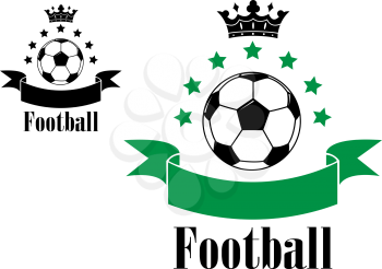 Black and white football or soccer ball with green ribbon and second variant with black ribbon with black crowns and text Football isolated on white background
