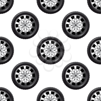 Automobile wheel seamless pattern with a tyre on a spoked alloy rim in a repeat motif in square format