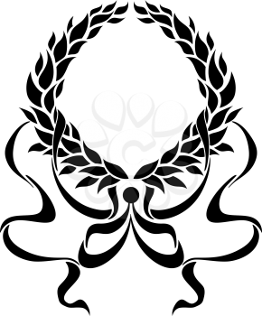 Black foliate circular wreath with ornate swirling ribbons in a symmetrical pattern isolated over white background