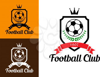 Sports crests or badges with soccer ball, wreath, crown and ribbon over shield and text Football Club at the foot of the image