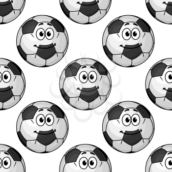 Seamless pattern of cartoon soccer balls or footballs with cute little smiling faces in square format for wallpaper and sports design
