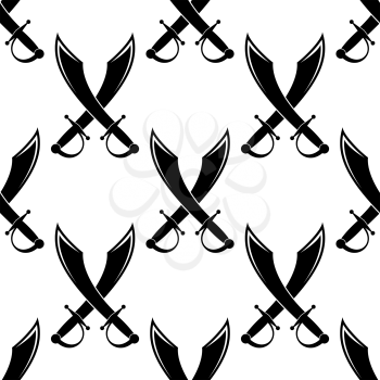 Crossed swords or cutlass seamless pattern in a black and white silhouette in square format