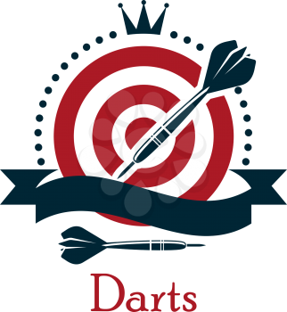 Darts championship emblem with a crown above a red and white dart board with a blank black banner ribbon and silhouetted darts