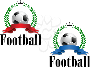 Football emblem or label with a blank ribbon banner surmounted by a football, laurel wreath and crown with the word - Football below - in two color variations