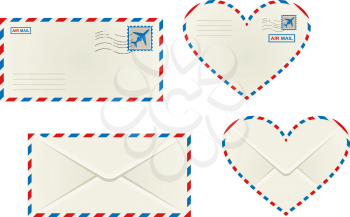 Set of different airmail envelopes with the front and back of a rectangular and heart shaped envelope blank for your address