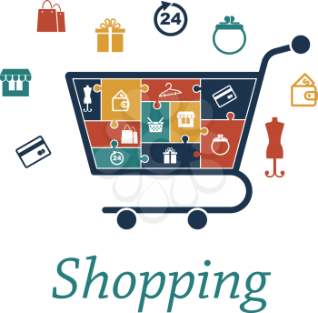 Shopping concept puzzles with a cart filled with icons depicting a bank card, store, bags, gift, 24 hour, purse, wallet, mannequin, basket and hanger which also surround the trolley for infographic de