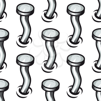 Seamless black and white background pattern of cartoon hammered crooked nails in holes in a substrate