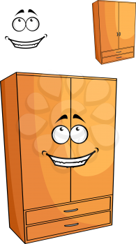 Cartoon wooden bedroom cupboard or wardrobe with a happy face standing at an angle isolated on white