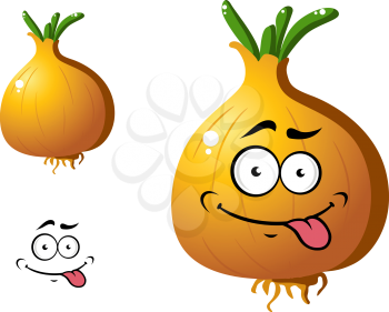 Golden onion vegetable in cartoon style with good smile isolated on white background