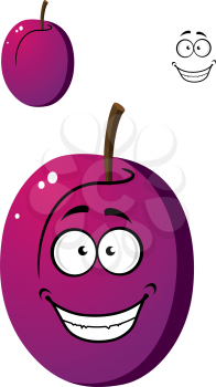 Ripe purple plum fruit isolated on white background in cartoon style