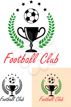 Football Club Championship emblem or icon with a foliate wreath enclosing a trophy and football under an arc of five stars with the text at the foot of the design in three colors