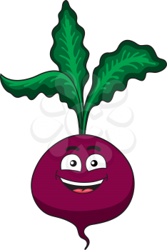 Cheerful happy cartoon beetroot vegetable with fresh green leaves and a smiling face isolated on white