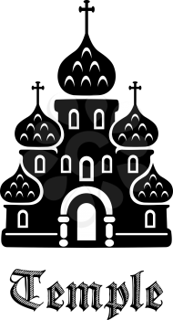 Black and white architectural icon of a Temple with tiered ornate onion domes and a cross on top with the word - Temple - below