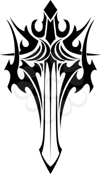 Black and white tribal illustration of an ornate winged sword with a stylized handle and sharp blade for tattoo design