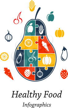 Healthy food infographics with the outline fresh puzzle pear containing icons for a carrot, orange, onion, cherries, corn, apple, lemon, pumpkin, pepper, eggplant and strawberry