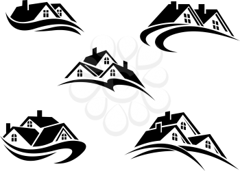 Five different black and white real estate icons with the roofs of houses above swirling hills and landscapes
