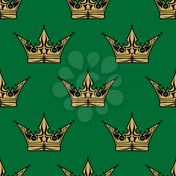 Gold crown on a green background in a seamless pattern themed for royalty or heraldry in square format suitable for wallpaper design