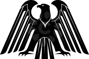 Proud black eagle silhouette for heraldry design with raised wings and spread wing and tail feathers, isolated on white