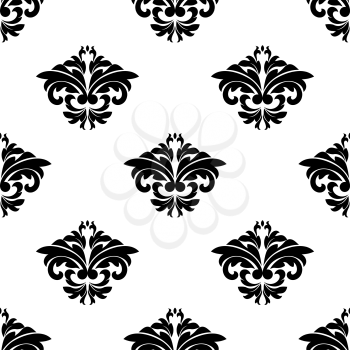 Floral arabesque motifs in a repeat black and white seamless damask pattern suitable for wallpaper, tiles and textile design