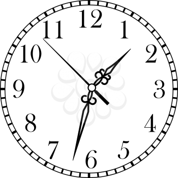 Dainty line drawing of a round dial clock face with Arabic numerals and hour, minute and second hands, isolated on white background