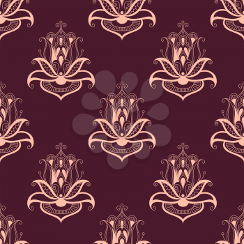 Paisley floral seamless pattern with ornate elegant repeat persian motifs in pink on purple, square format suitable for wallpaper or fabric design