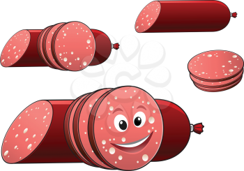 Cartoon sliced salami or pepperoni sausage with a happy smiling face with a toothy grin, isolated on white background