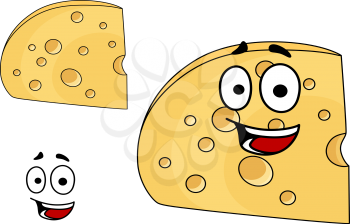 Two pieces of cheese with holes, one with a happy smiling face and the other plain with the face element separate, isolated on white