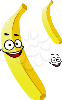 Smiling ripe yellow cartoon tropical banana with a second variant with no face and a separate smile element, isolated on white