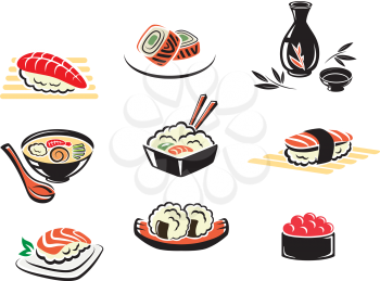 Set of Japanese seafood icons isolated on white