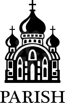 Black and white Parish church illustration with the silhouette of a church building with three onion domes and crosses above the word - Parish