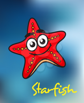 Happy little red cartoon starfish with a wide friendly smile on a underwater blue background