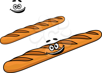 Crusty long golden French baguette with a happy cartoon smiling face with a second plain variation with a separate smiley face element