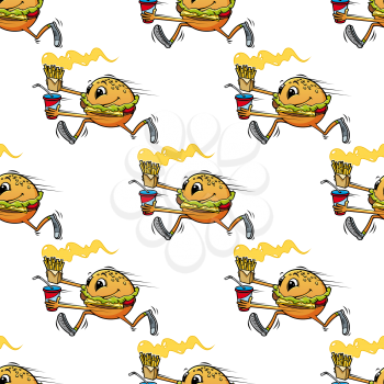 Cute seamless pattern of a running hamburger or cheeseburger with a beaming smile carrying a soda and French fries in square format