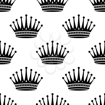 Black and white silhouette Royal crown seamless background pattern with a repeat motif in square format suitable for wallpaper, tiles and fabric