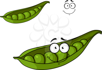 Fresh green cartoon peas vegetable in a pod with a happy smiling face for healthy food design