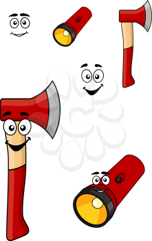 Red cartoon axe and torch flashlight with happy smiling faces for travel and tourism design