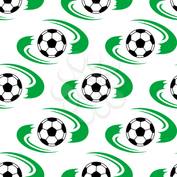 Soccer ball or football seamless pattern with flowing green lines depicting the field on either side of each ball