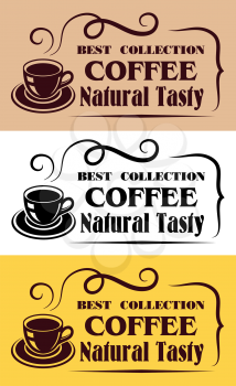 Steaming cup of coffee with text Best Collection Coffee, natural tasty in beige, white and yellow backgrounds suitable for cafe and restaurant design
