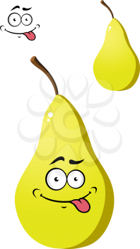 Ripe cartoon yellow pear with a goofy face sticking out its tongue in a playful gesture