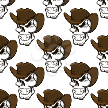 Skull in a stetson or cowboy hat seamless pattern with a repeat motif in square format for Halloween, black and white vector doodle sketch