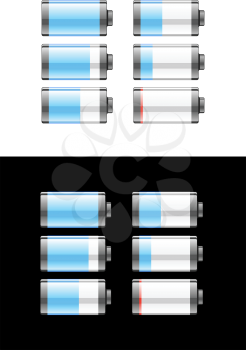 Set of batteries or cells showing the residual charge during use going from full to empty on black and white backgrounds